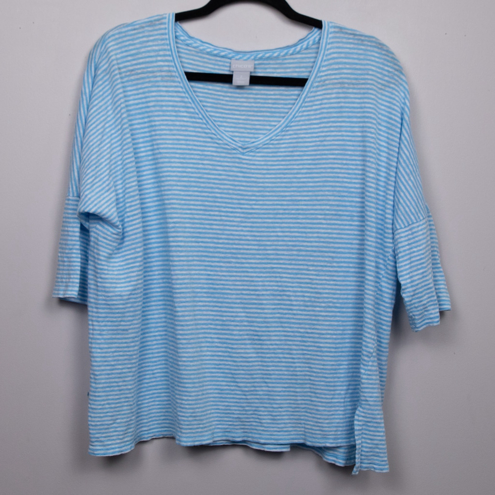 Chico's linen blue and white stripe 3/4 sleeve shirt-2